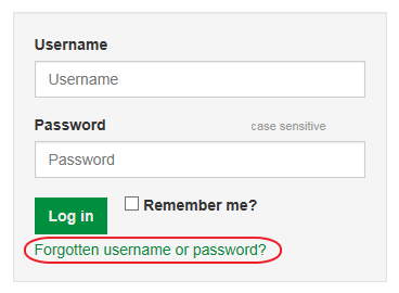 Log in screen highlighting 'Forgotten username and password' link