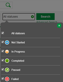 Search filter box showing completion status'